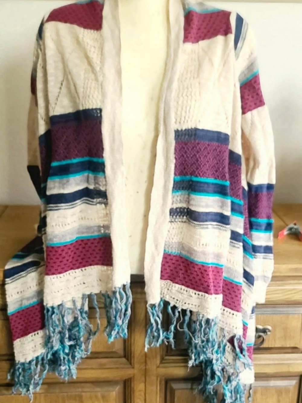 Cream Open-Front Fringe Cardigan Sweater with Burgundy & Teal Stripes